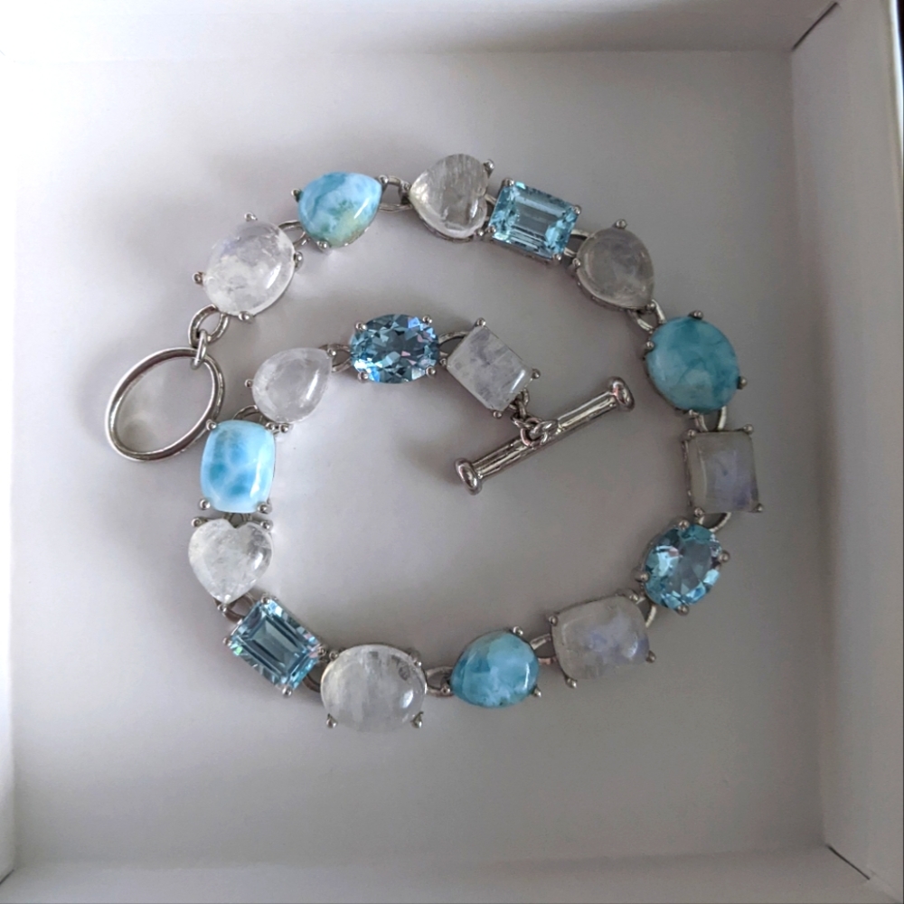 Larimar, Sky Blue Topaz, Heart Moonstone Gemstone Tennis Bracelet S.Silver